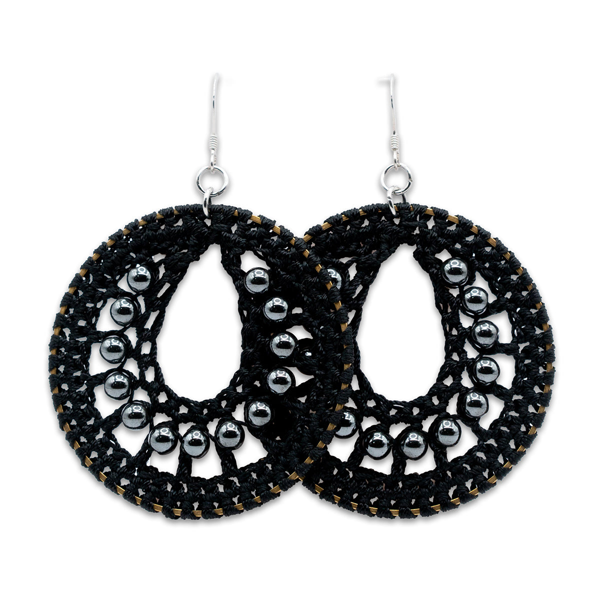 Black lace earrings with silver beads on a white background