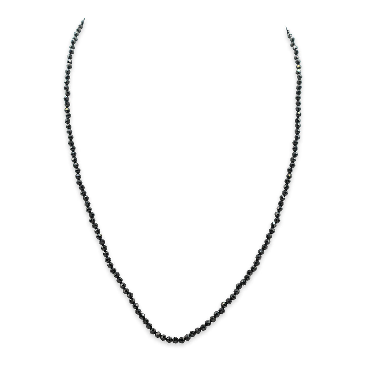 Black beaded necklace on a white background