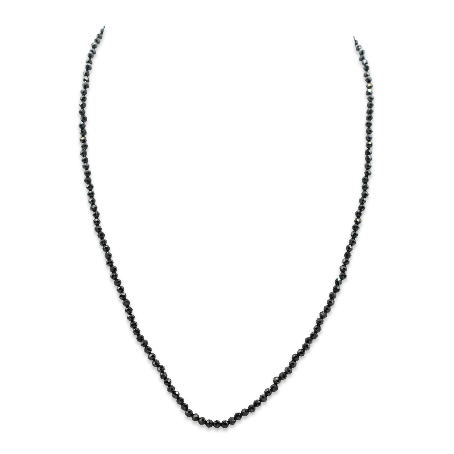 Black beaded necklace on a white background