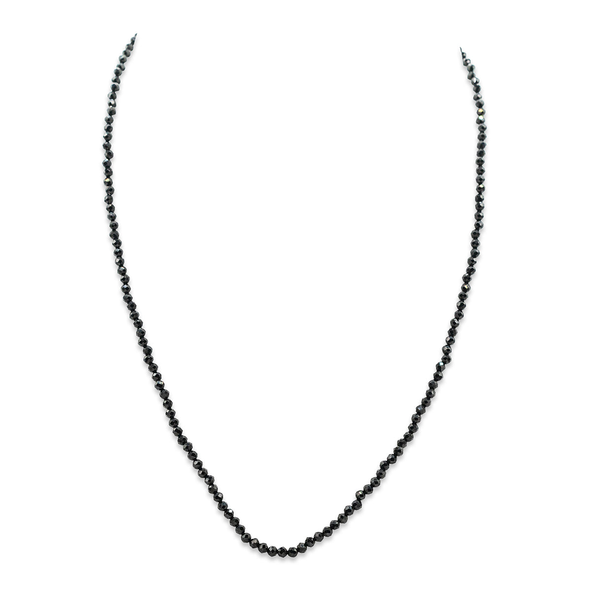 Black beaded necklace on a white background