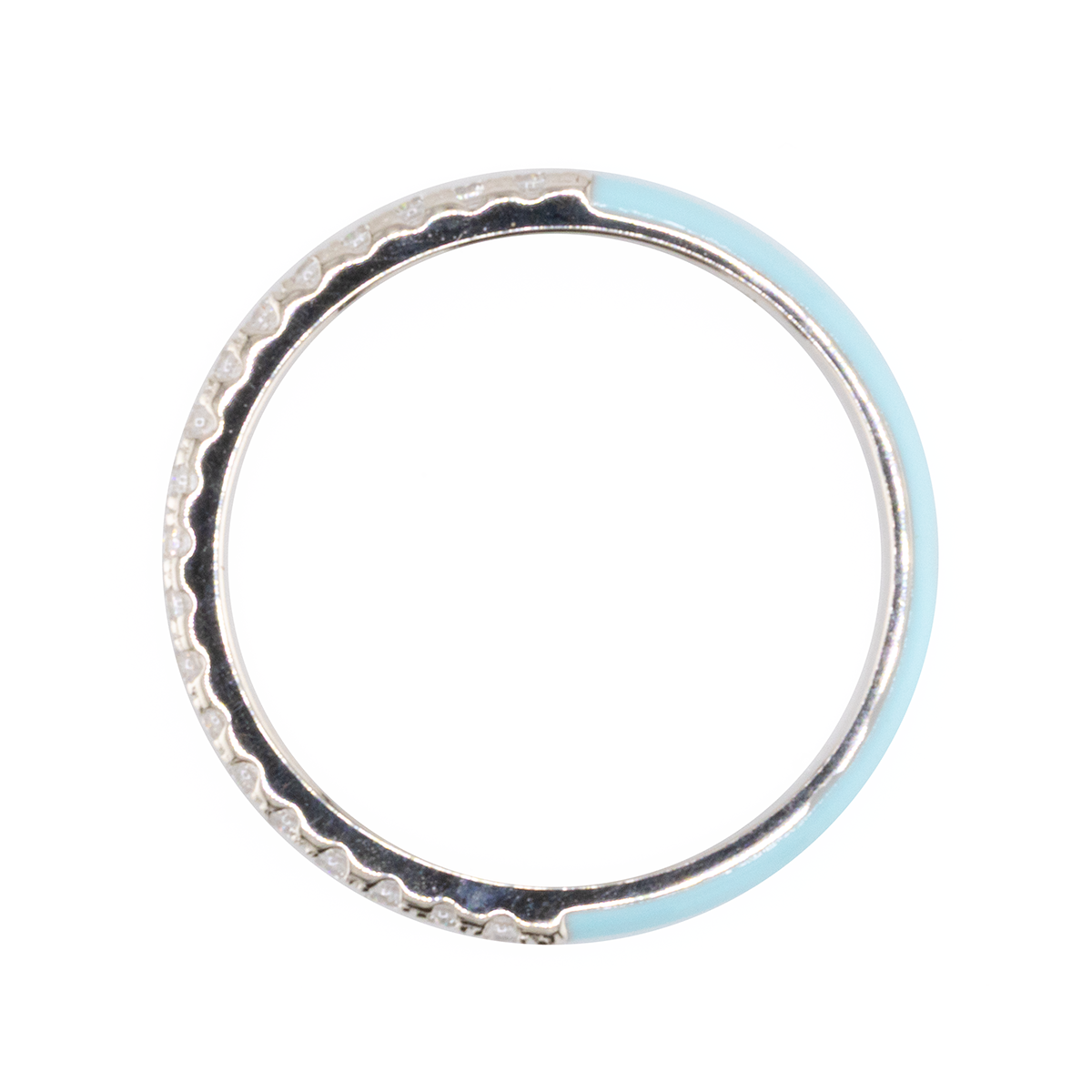 Silver ring with a light blue band on a white background