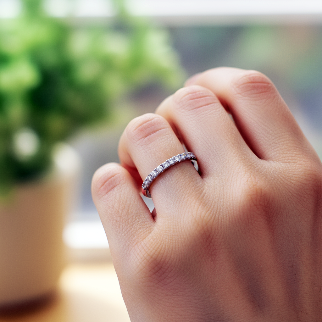 Hand wearing a diamond ring with a blurred green plant in the background