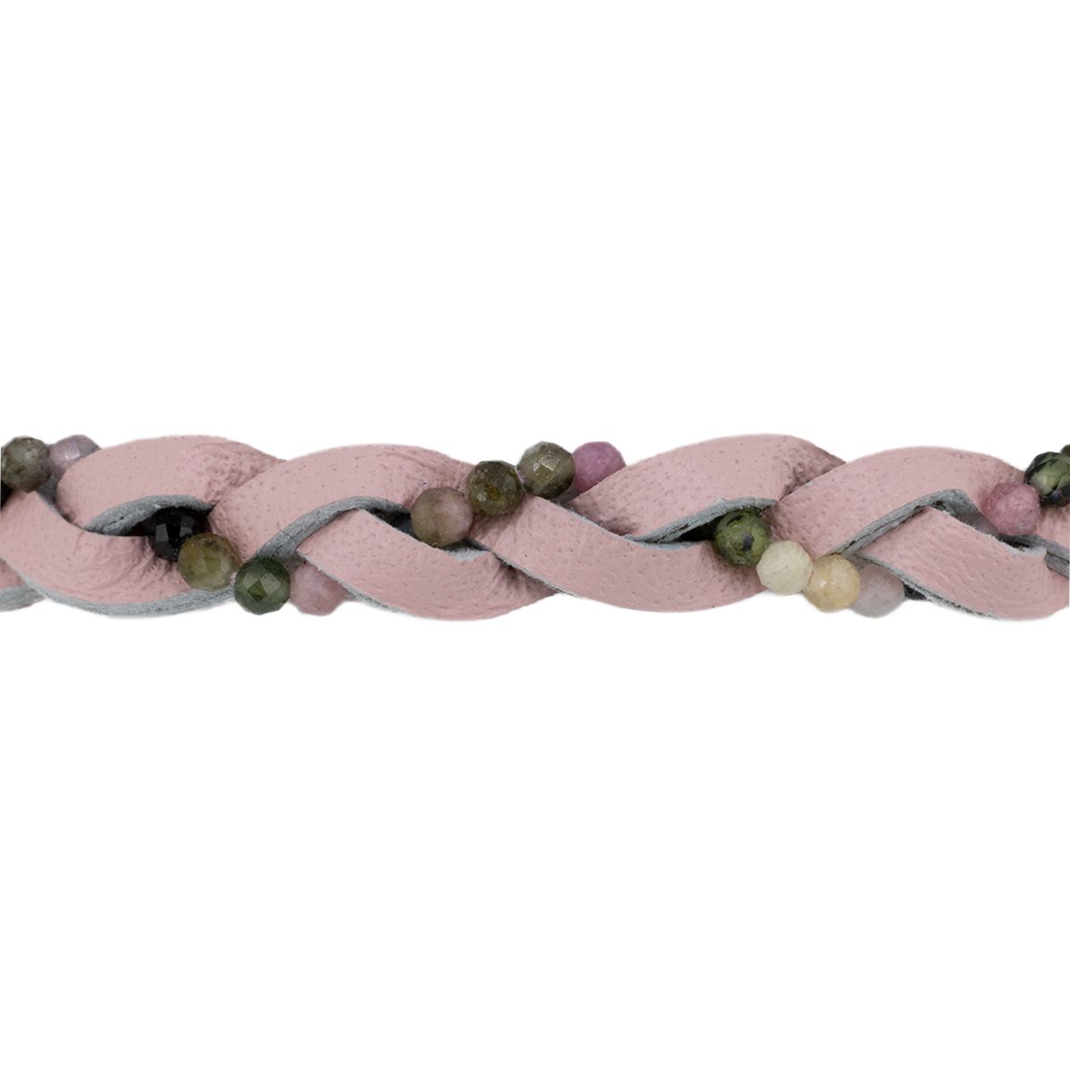 Braided pink hair tie with green and beige beads on a white background