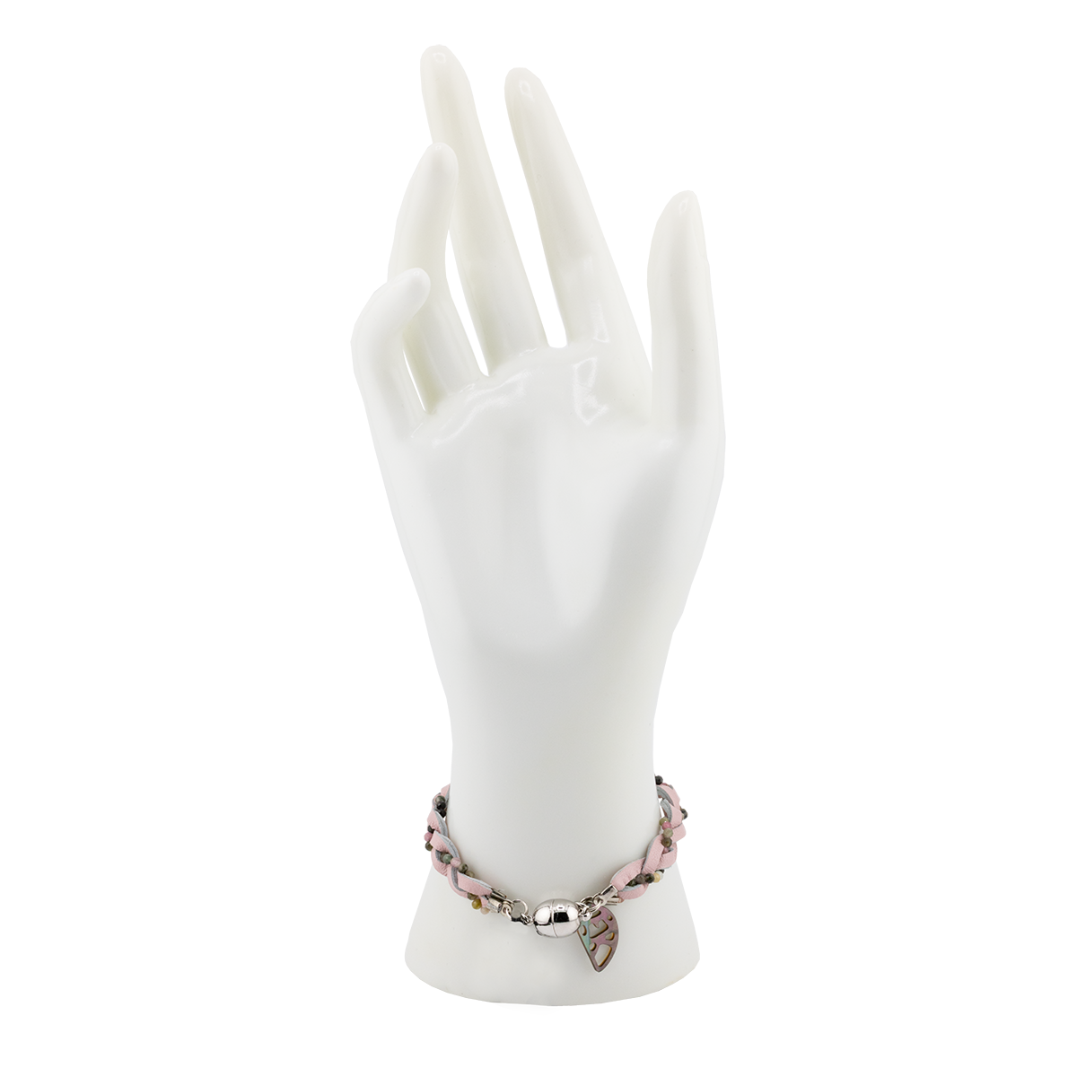 Bracelet on a white mannequin hand against a white background
