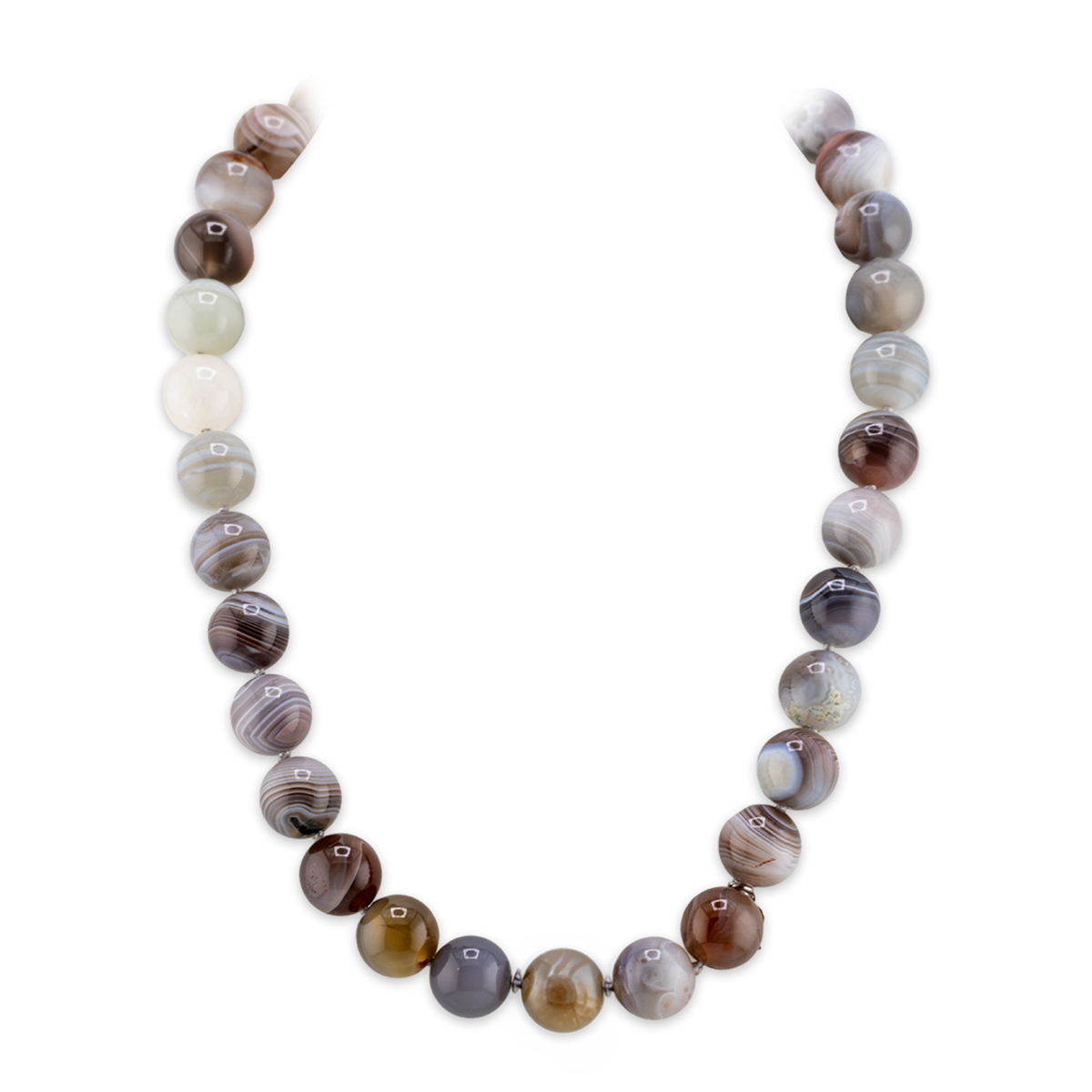 Necklace with multicolored beads on a white background