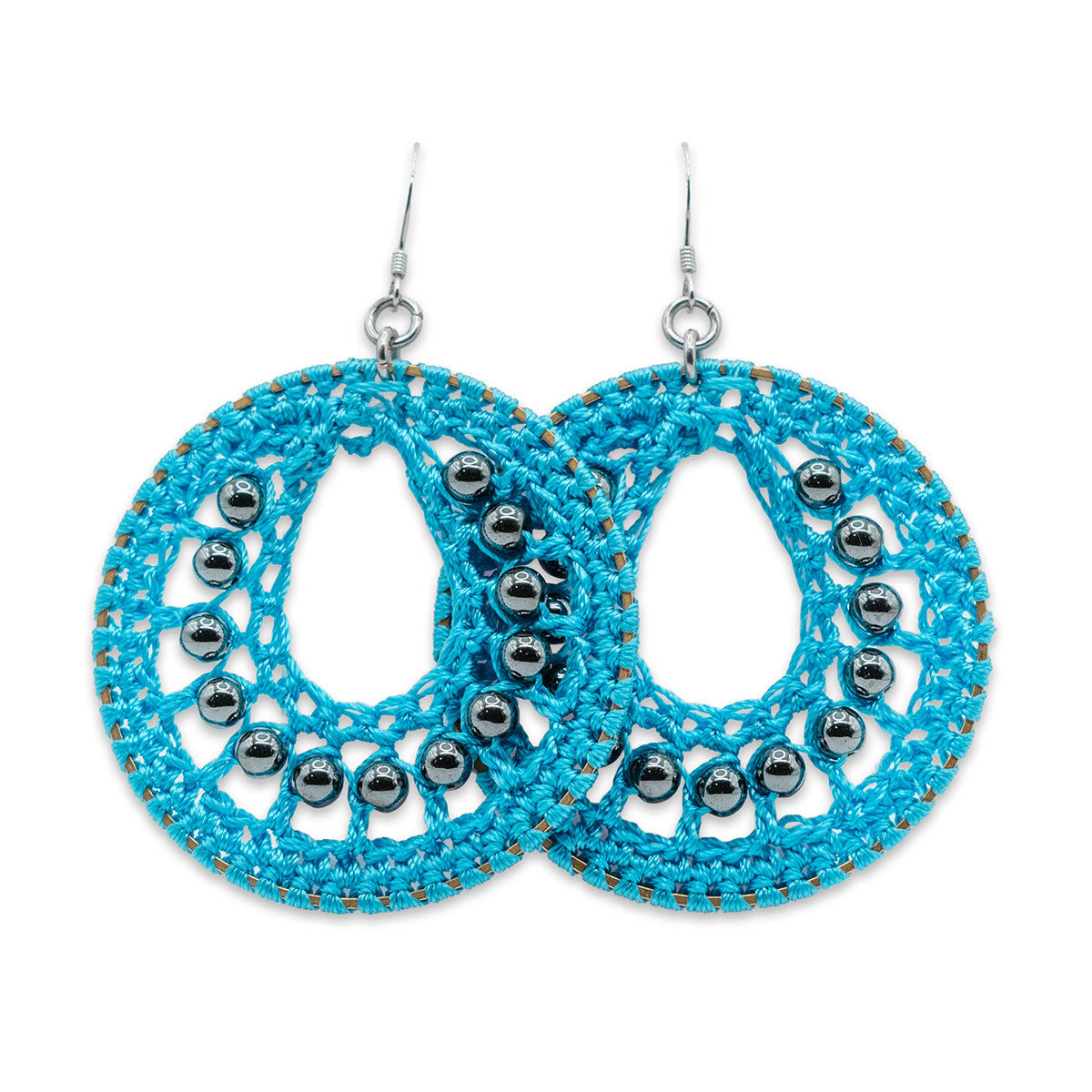 Blue crochet earrings with silver beads on a white background