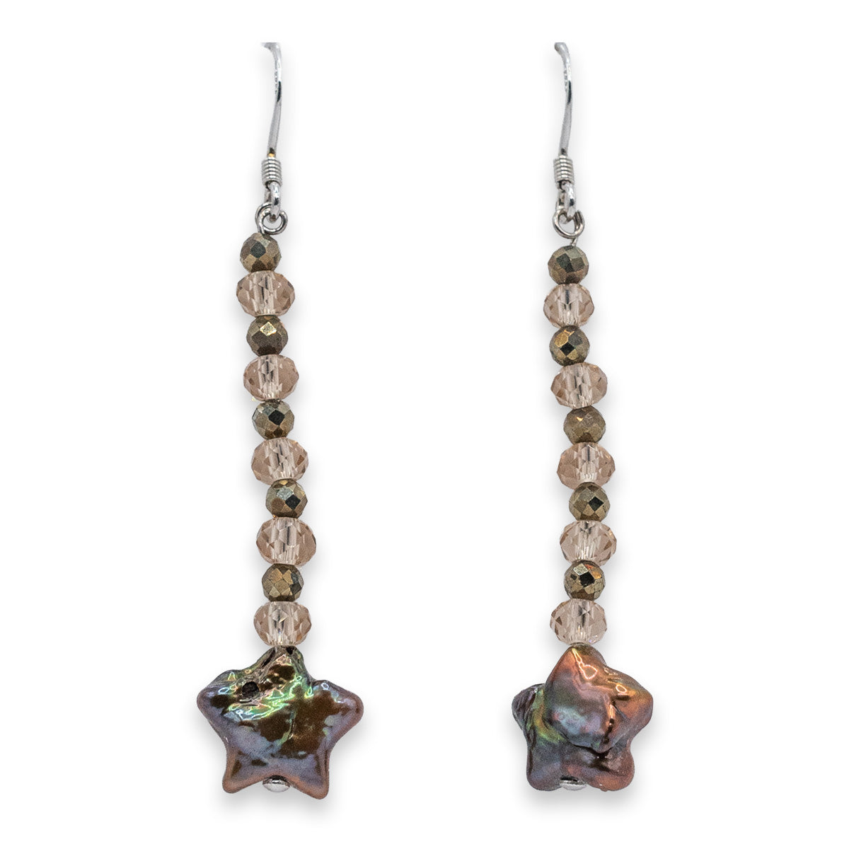 Pair of earrings with star-shaped beads on a white background