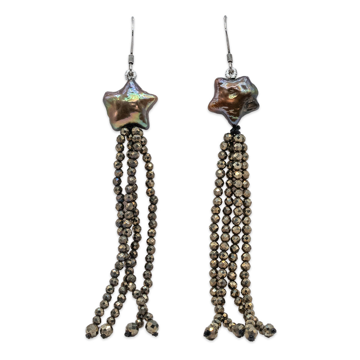 Star-shaped earrings with beaded tassels on a white background