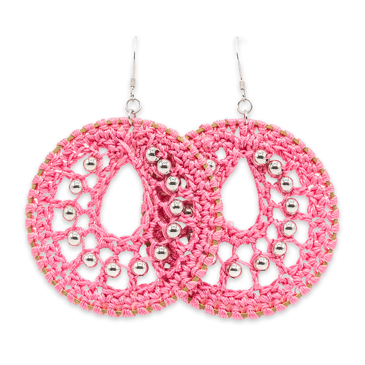 Pink crochet earrings with silver beads on a white background