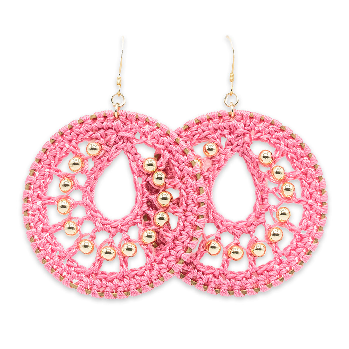 Pink crochet earrings with gold beads on a white background