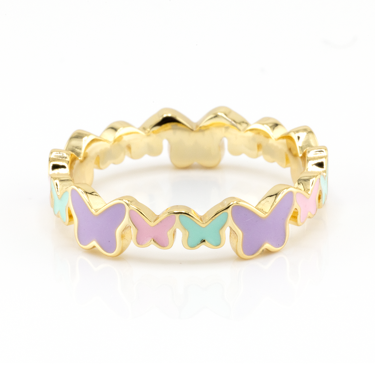 Gold ring with colorful butterfly-shaped stones on a white background