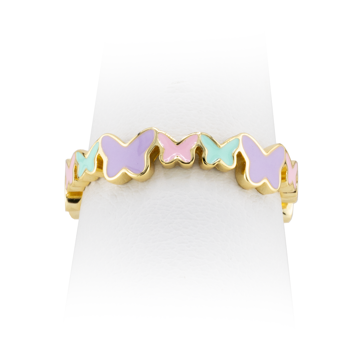Ring with colorful butterfly-shaped stones on a white background