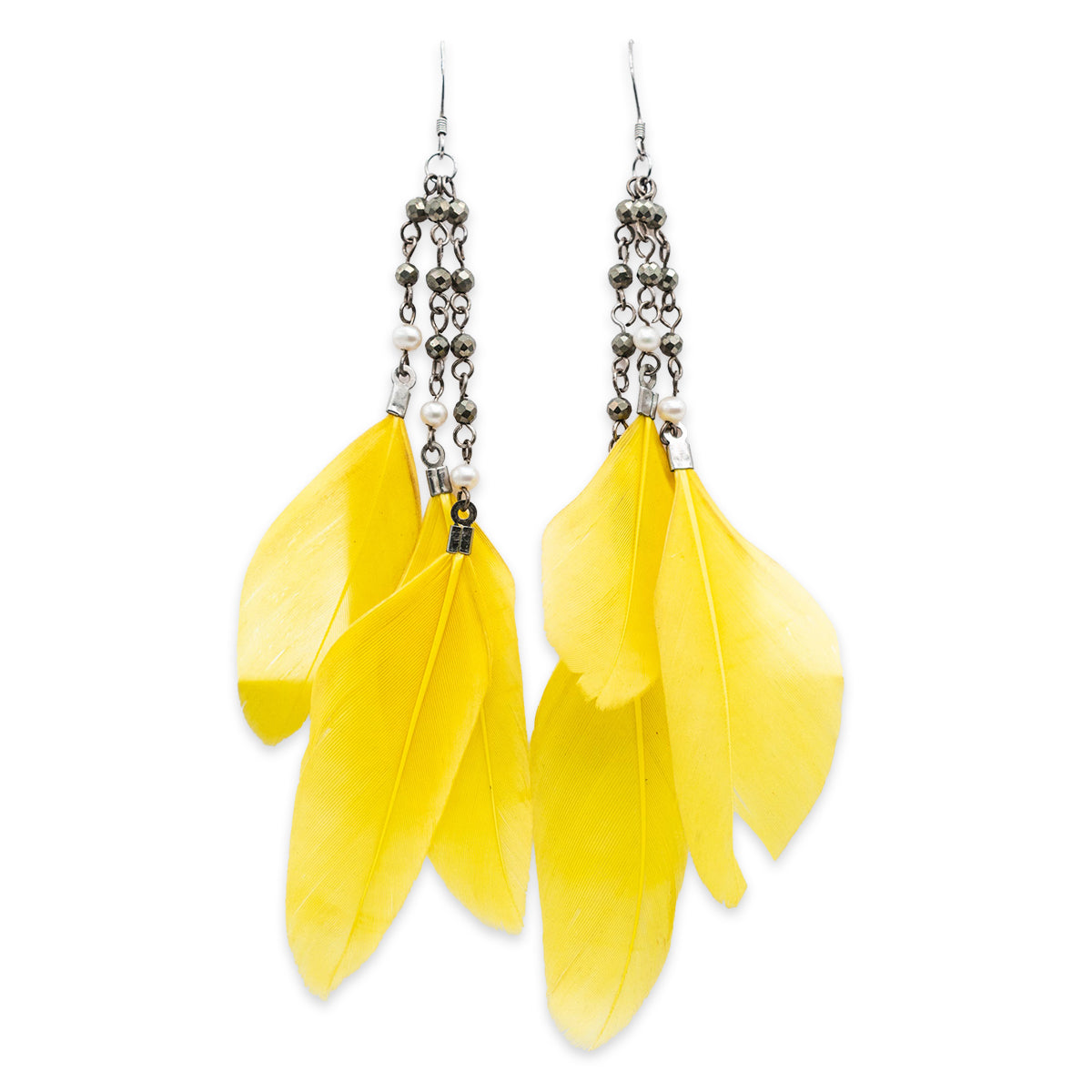 Yellow feather earrings with silver chain on a white background