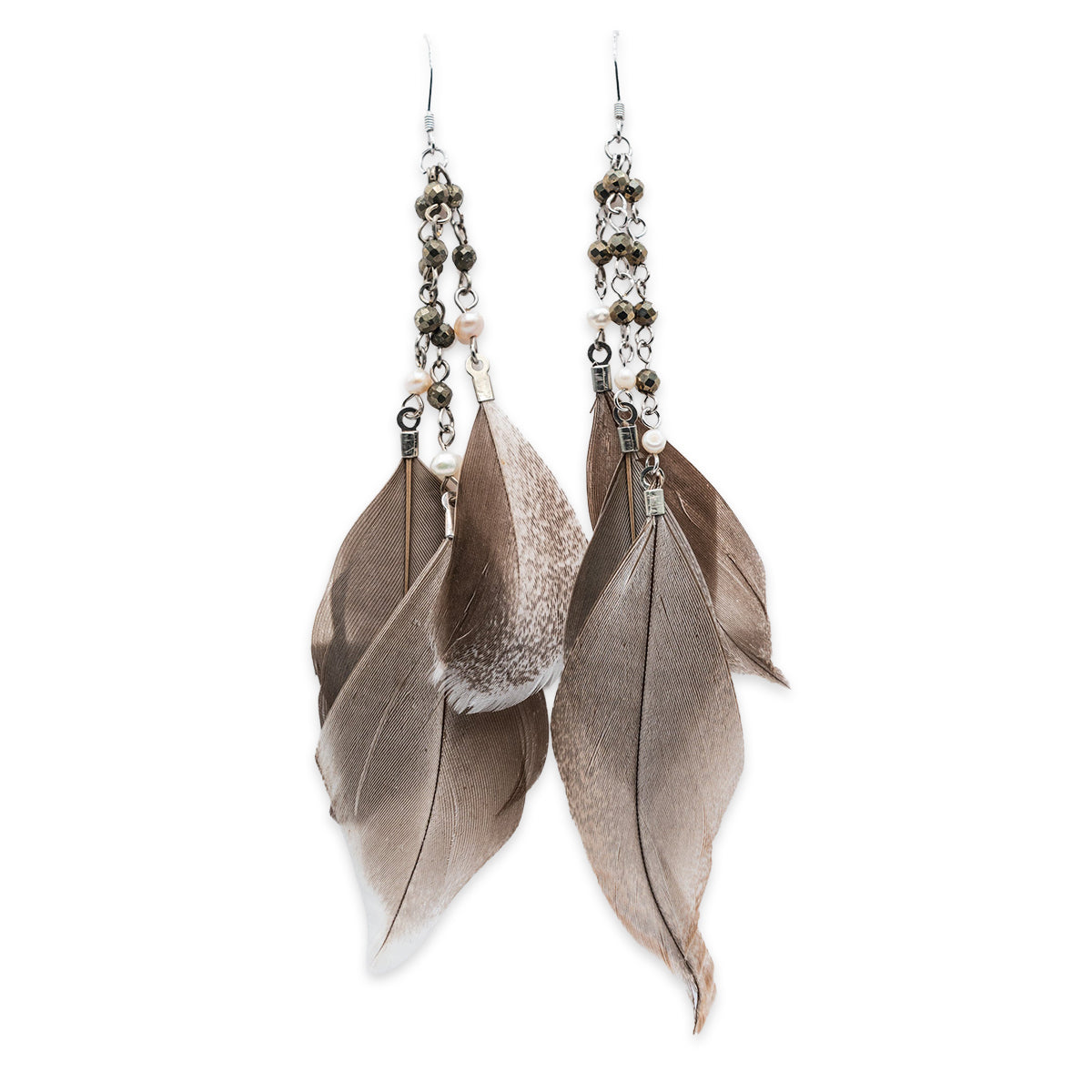Feather earrings with beads on a white background