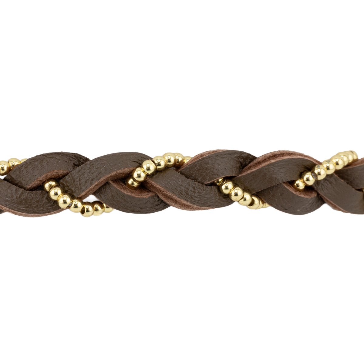 Brown braided leather bracelet with gold beads on a white background