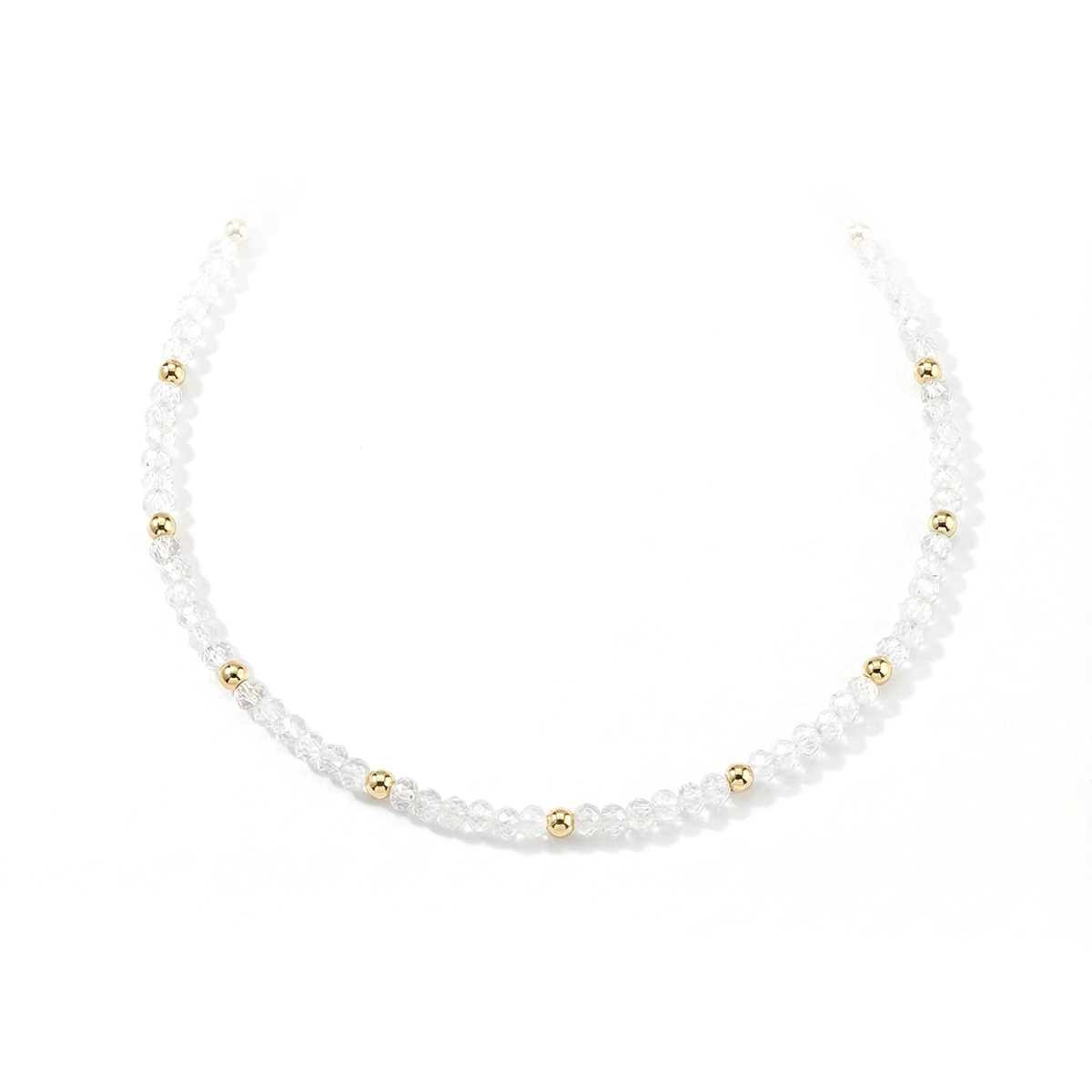 gemstone necklace with gold beads on a white background
