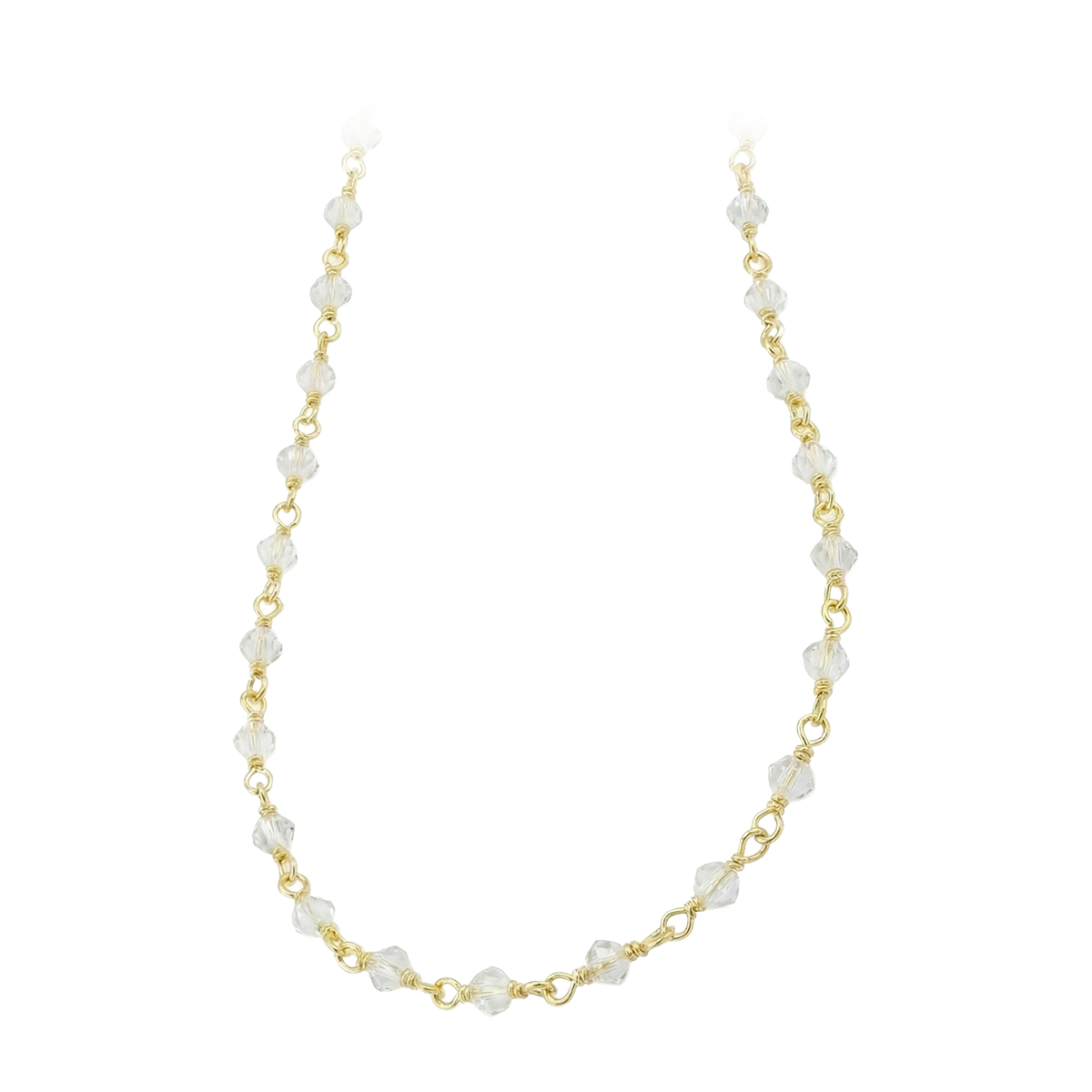 Necklace with gold chain and white beads on a white background