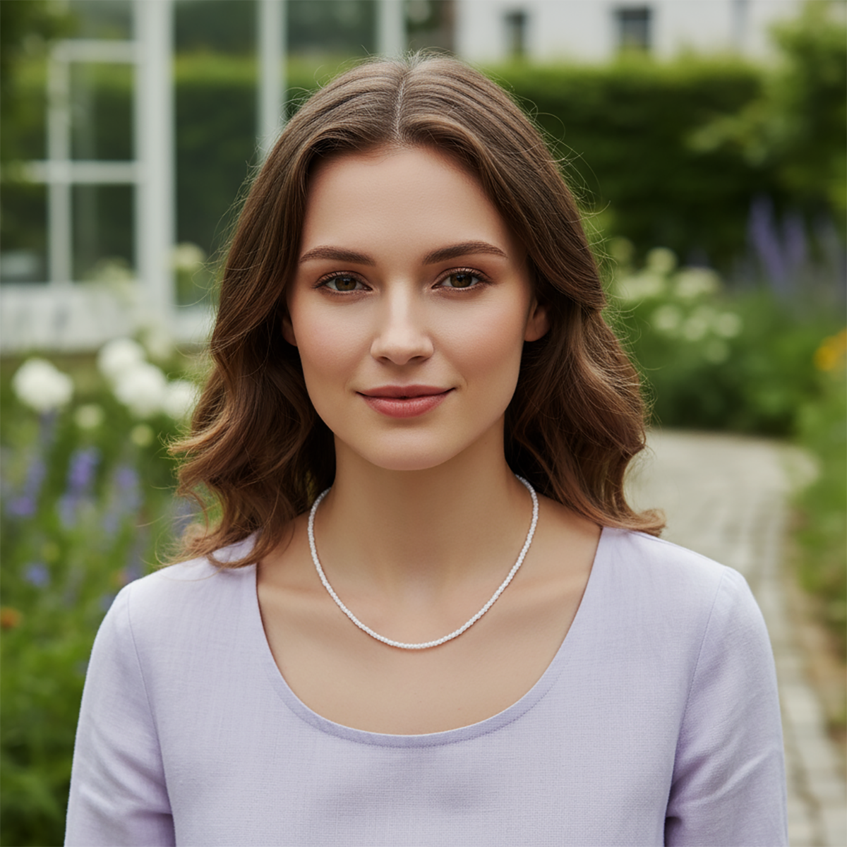 Woman wearing a necklace in a garden setting