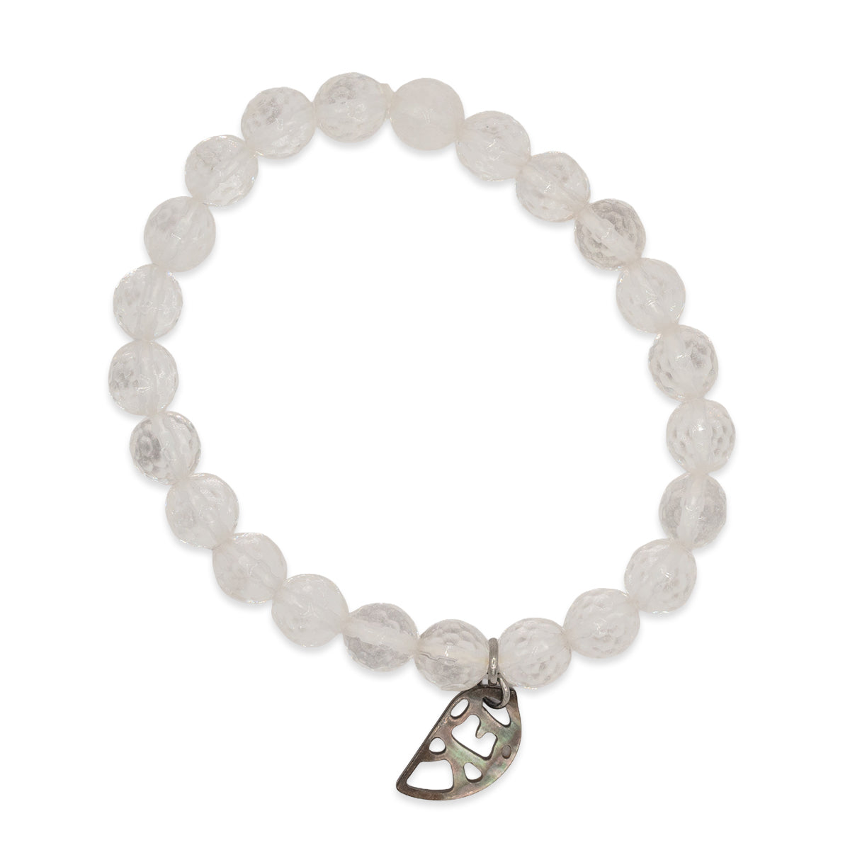 White beaded bracelet with a silver charm on a white background