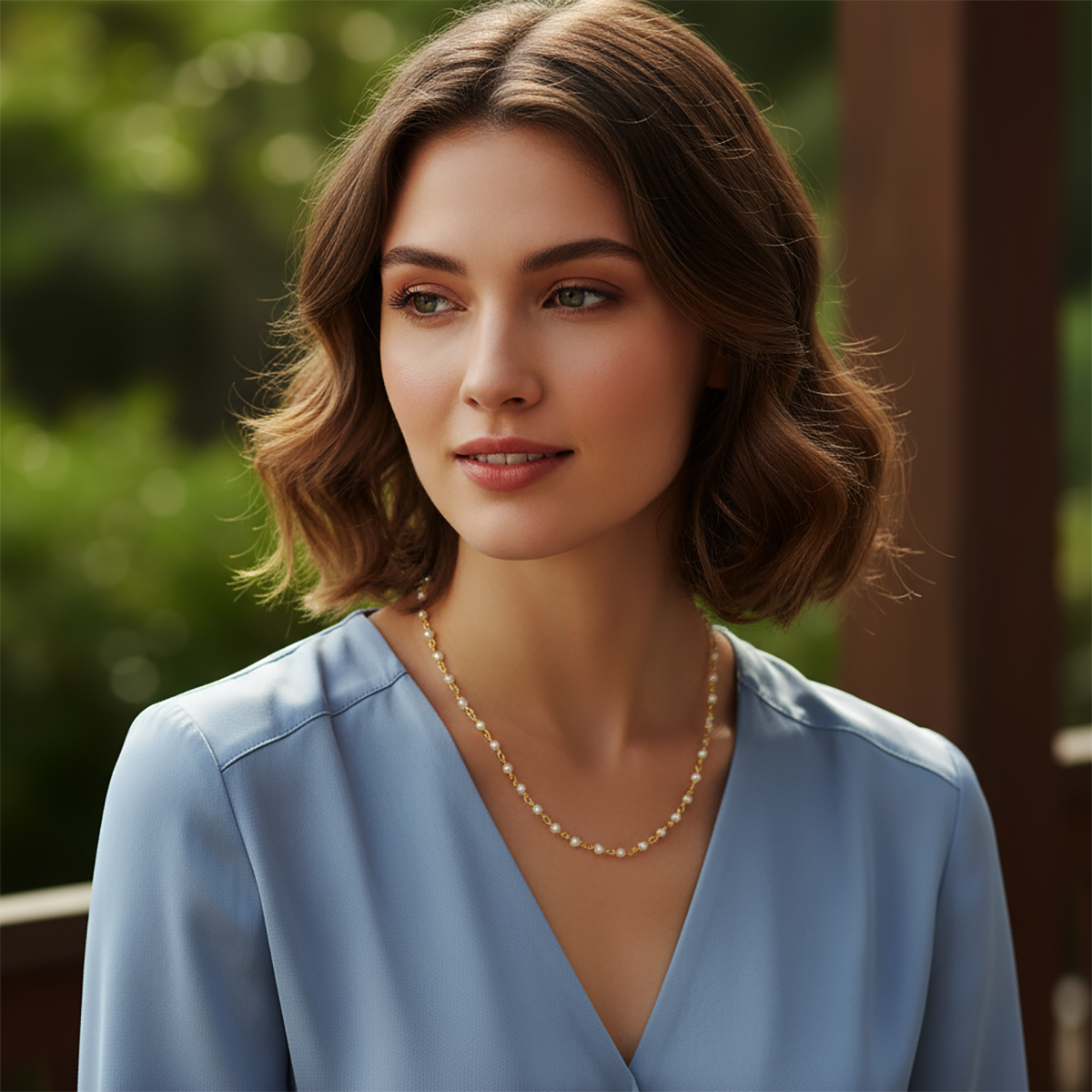 Woman wearing a blue top and pearl necklace with a blurred green background