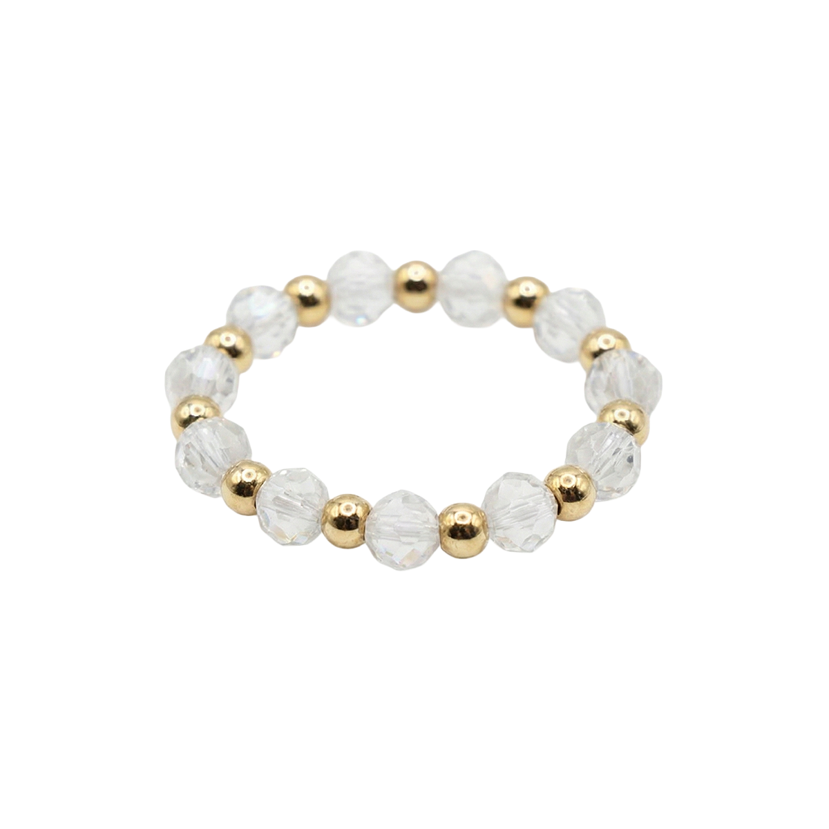 Beaded bracelet with white and gold beads on a white background