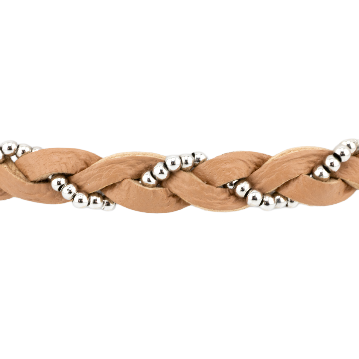 Braided beige leather bracelet with silver beads on a white background