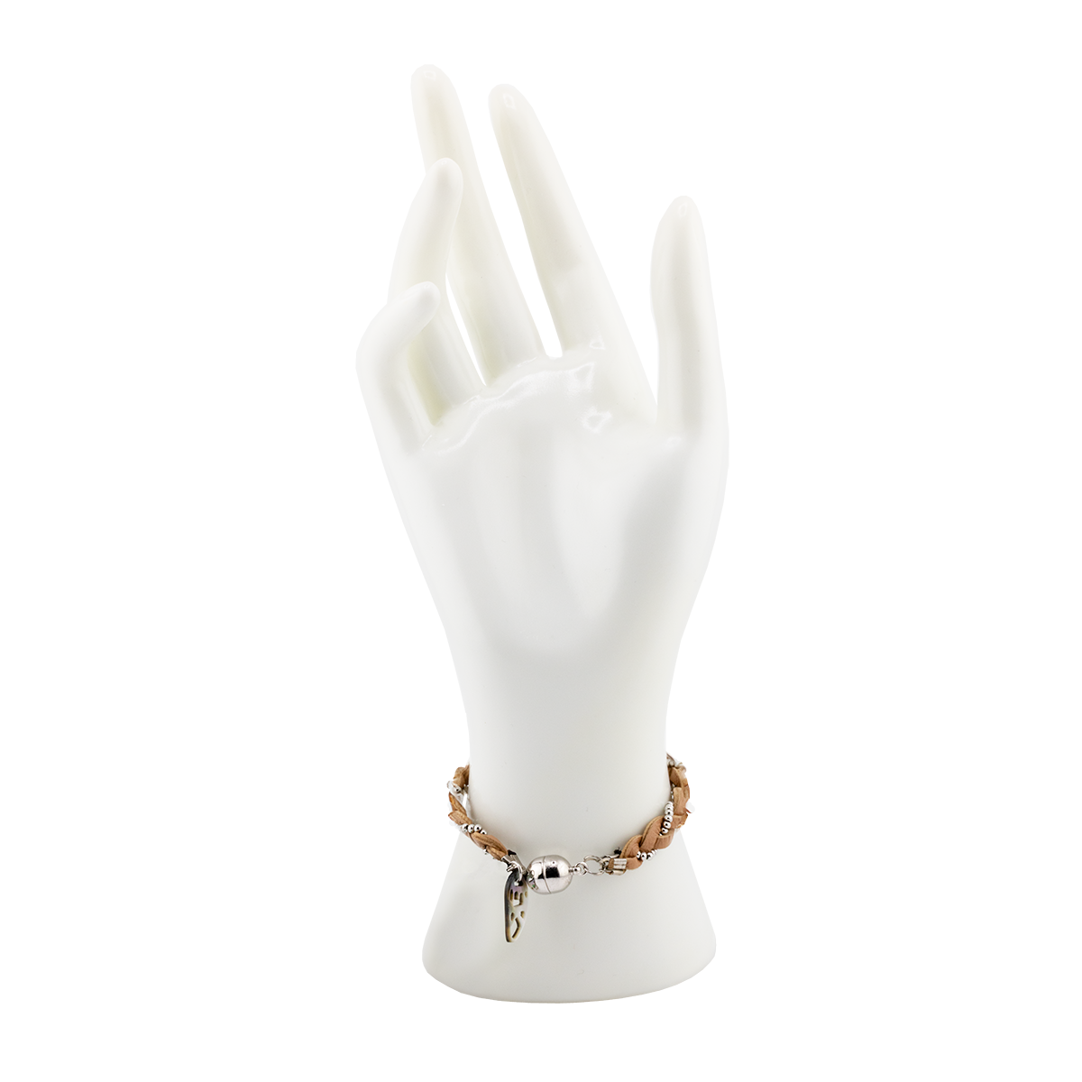Bracelet on a white mannequin hand against a white background