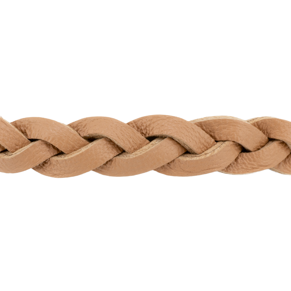 Close-up of braided tan leather cord on a white background