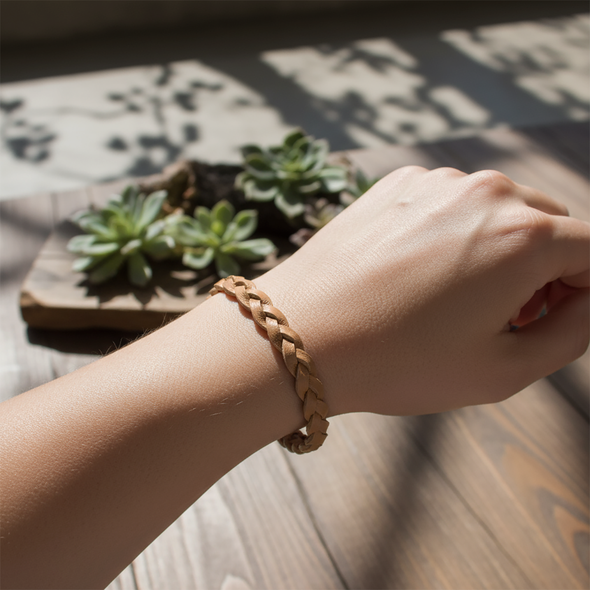Hand wearing a braided leather bracelet with a wooden tray and succulents in the background