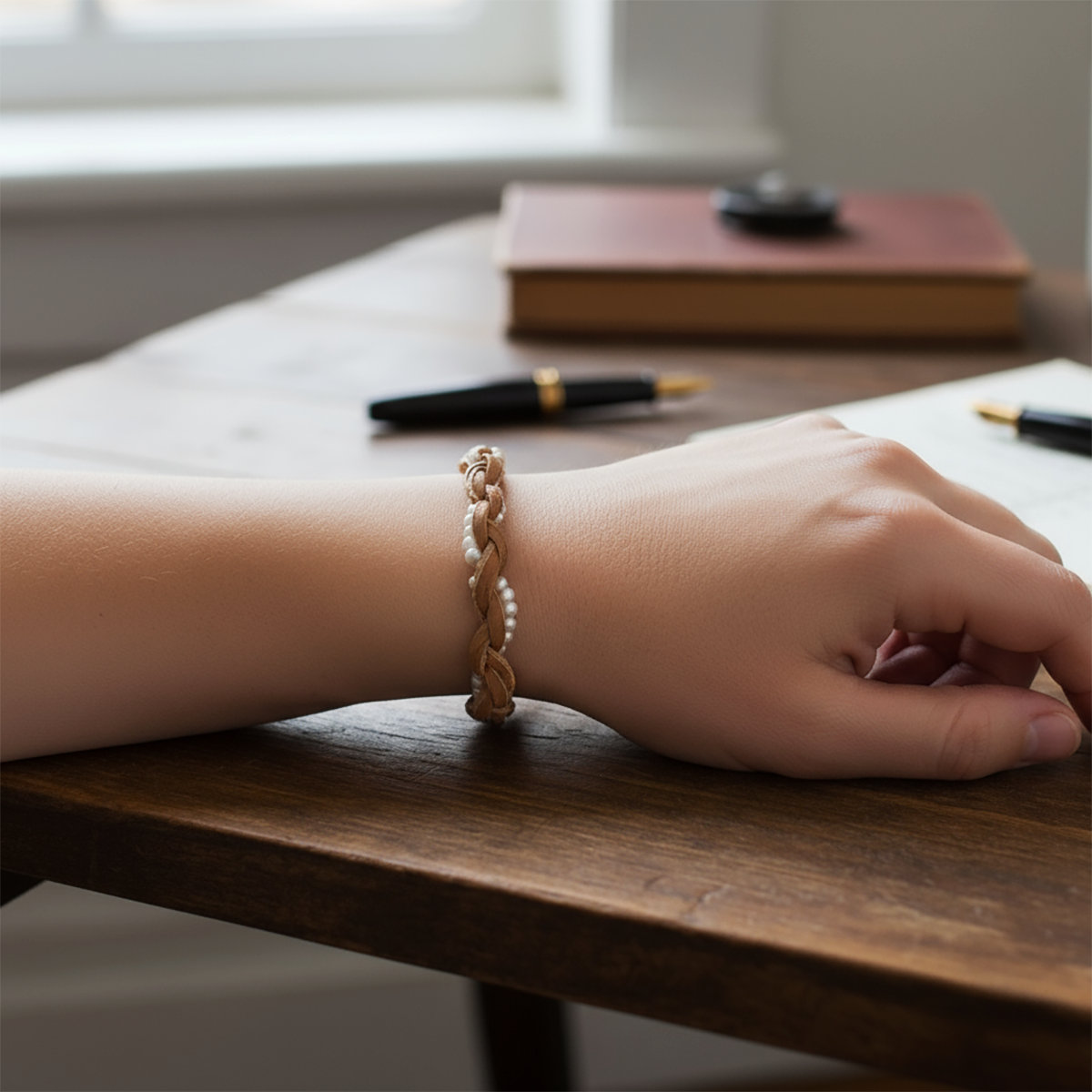 Hand wearing a bracelet on a wooden desk with a notebook and pen in the background