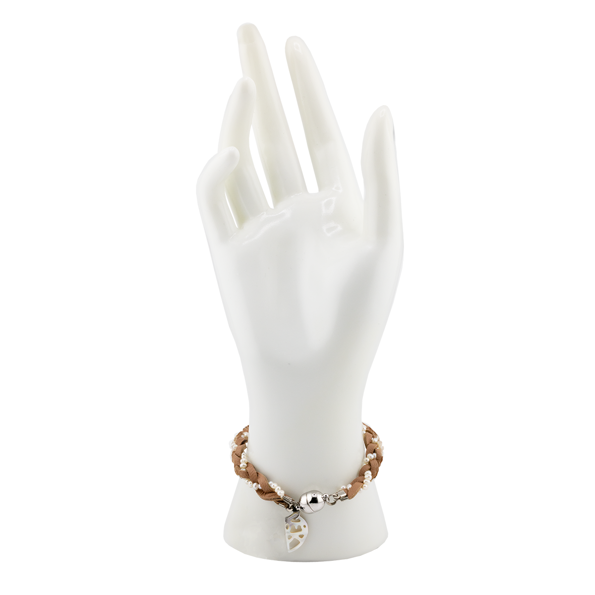 Bracelet on a white mannequin hand with a plain background