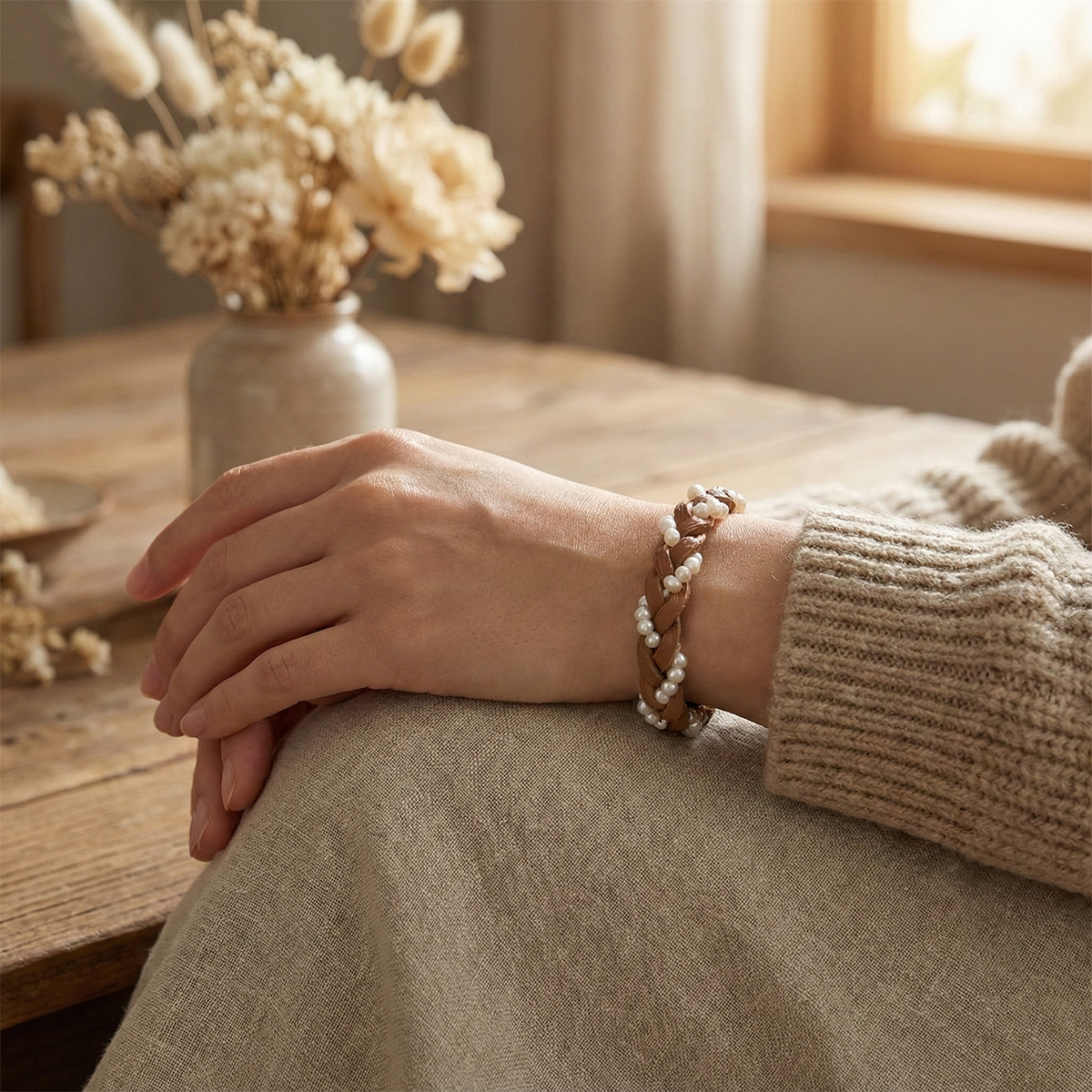 Person wearing a bracelet with pearls and brown leather strap on a wooden surface with a vase of dried flowers.