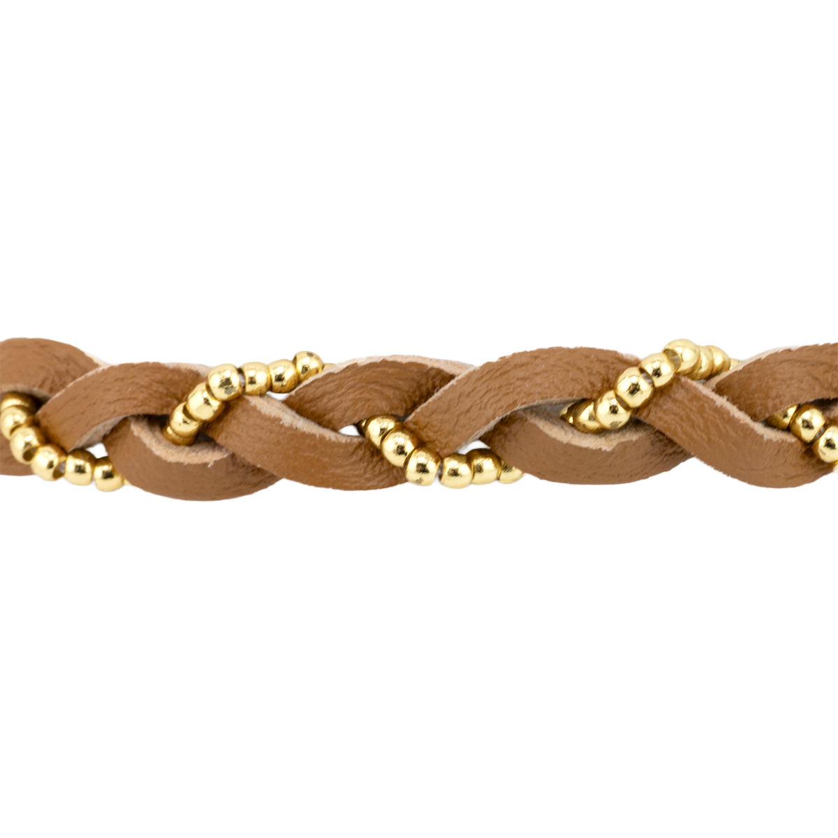 Brown braided leather bracelet with gold beads on a white background