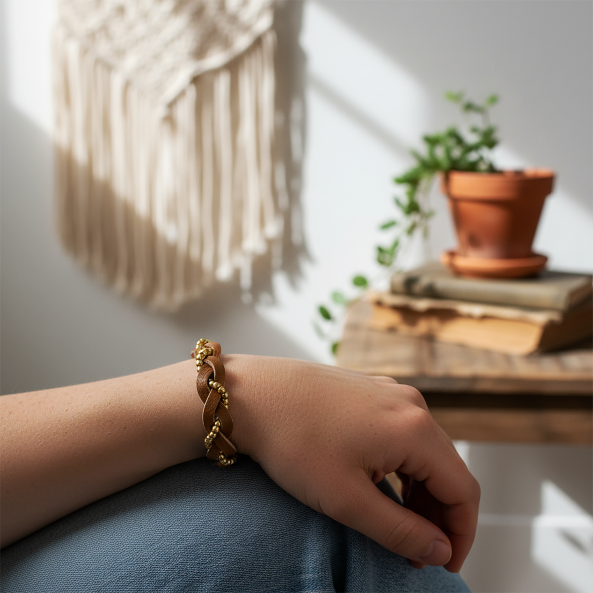 Hand wearing a gold bracelet with a blurred indoor setting featuring a macrame wall hanging and plants.