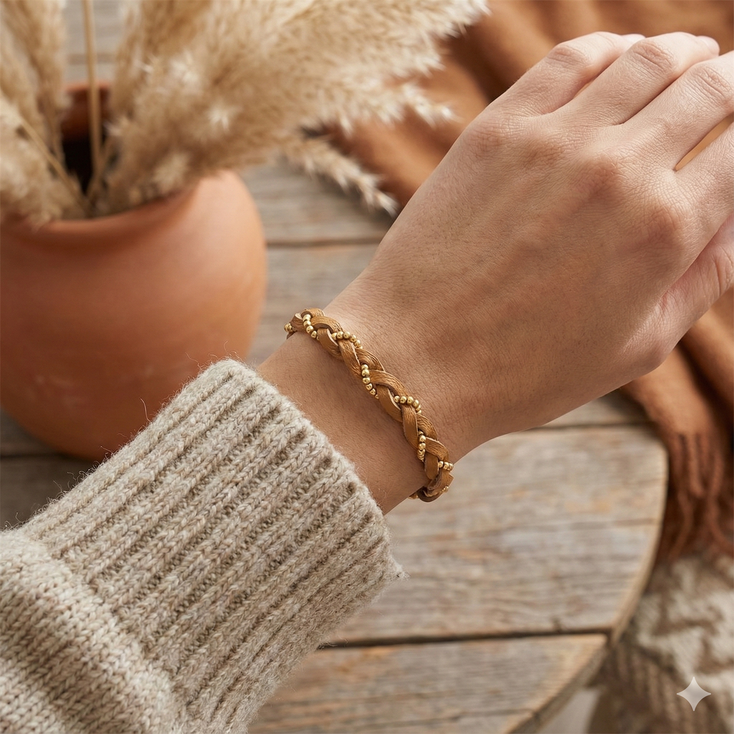 Close-up of a hand wearing a gold braided bracelet on a wooden surface.