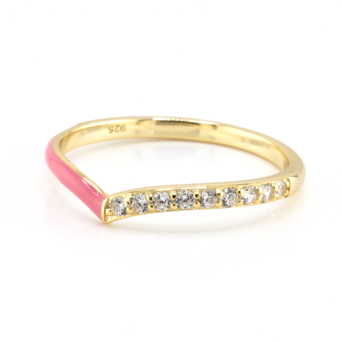 Gold ring with pink band and diamond accents on a white background