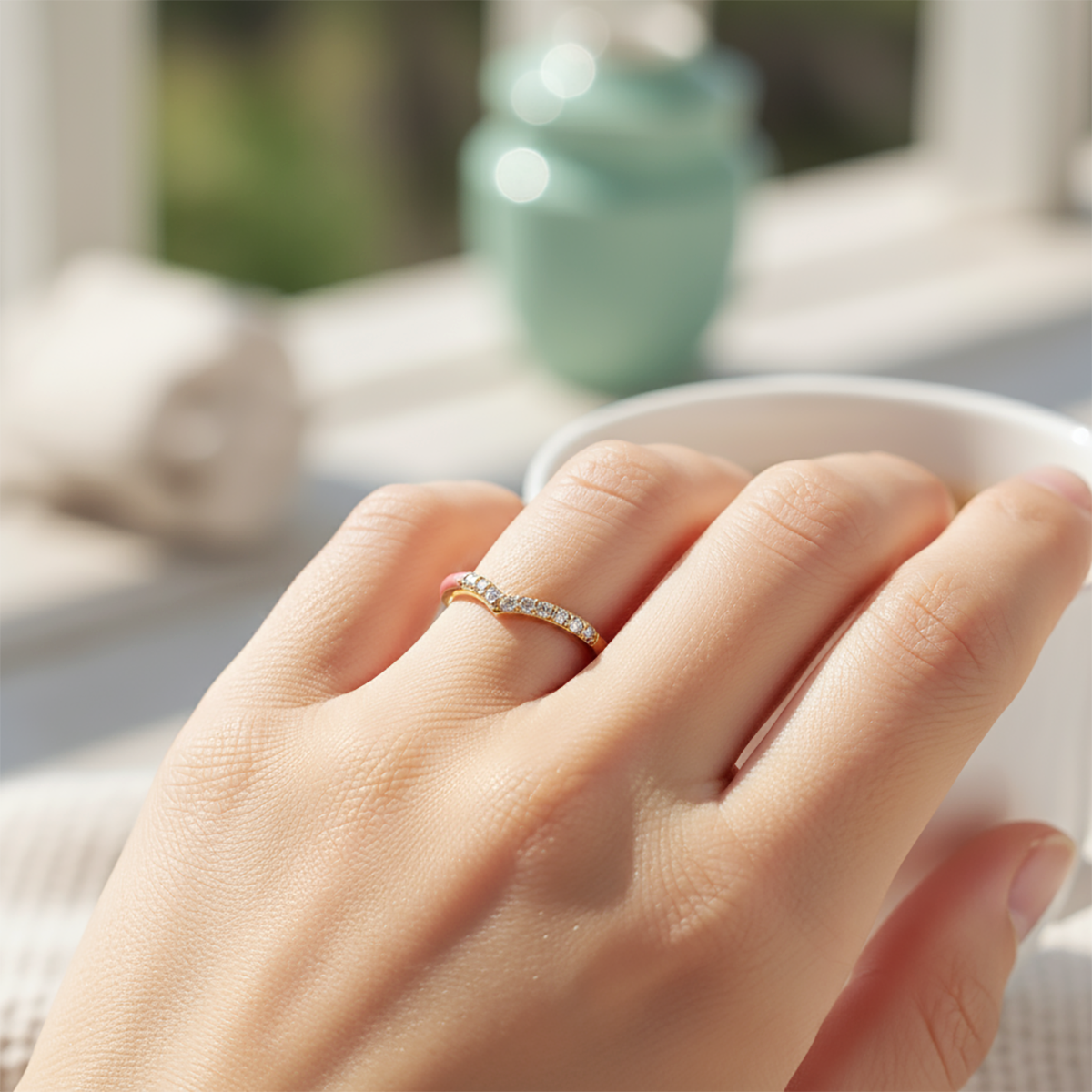 Hand wearing a diamond ring with a blurred background