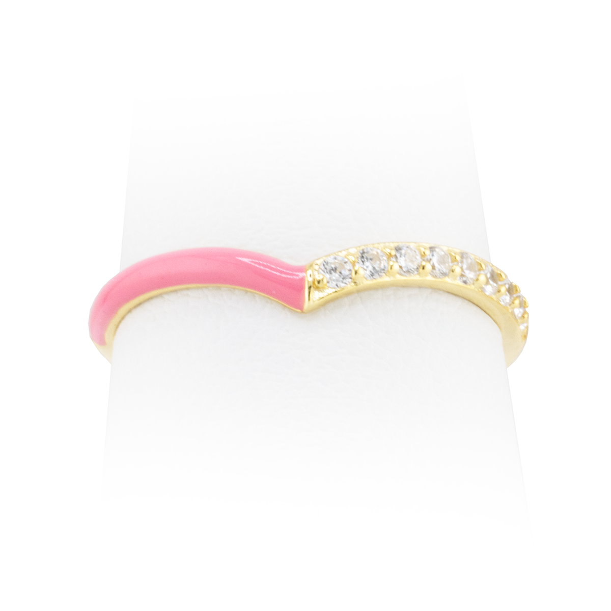 Ring with pink band and gold and diamond accents on a white background