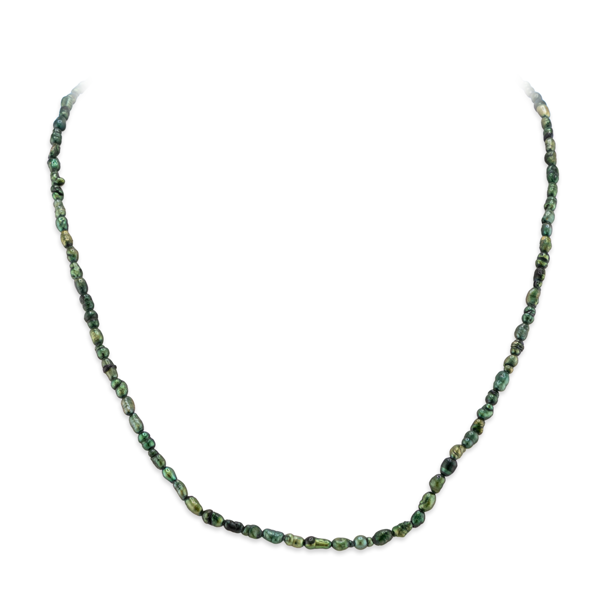 Necklace with green beads on a white background