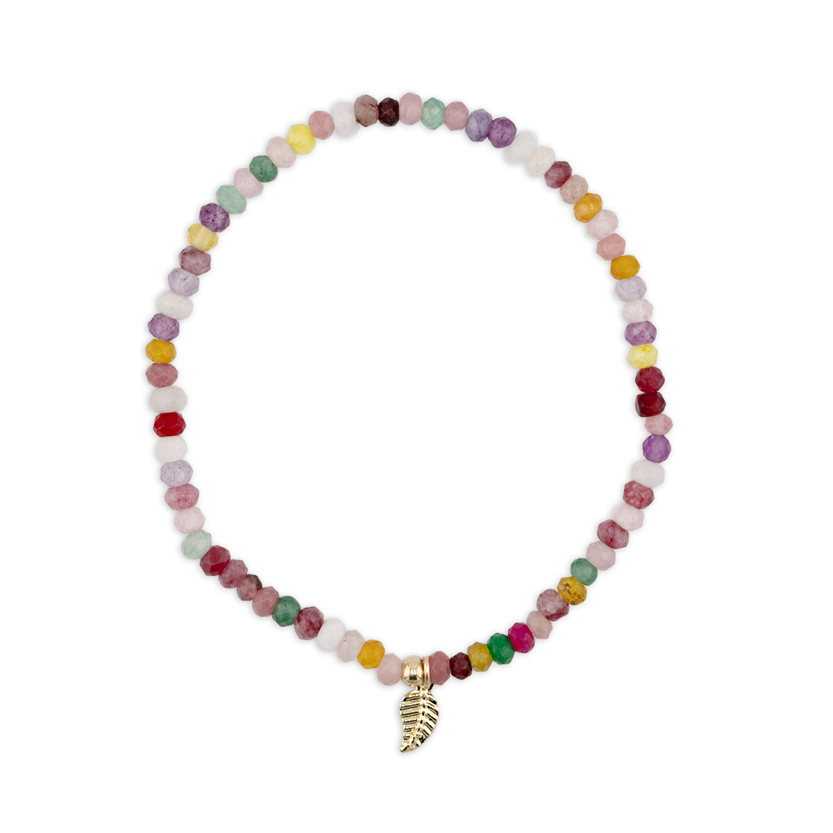 Multicolored beaded bracelet with a gold leaf charm on a white background