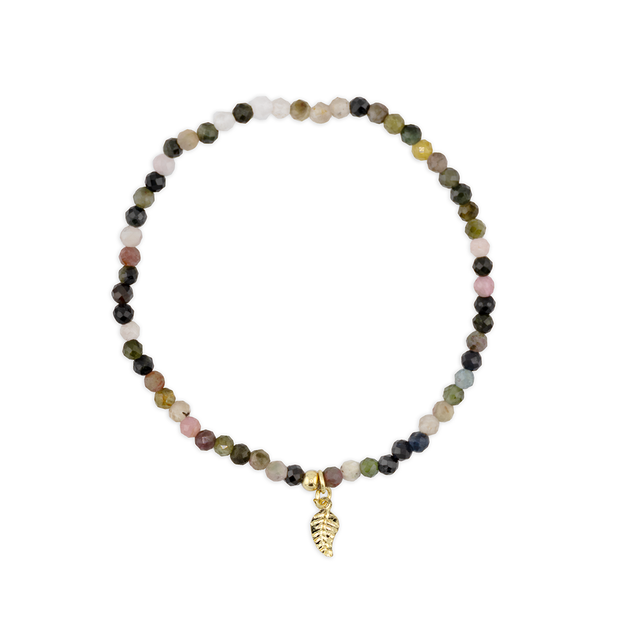 Multicolored beaded bracelet with a gold leaf charm on a white background