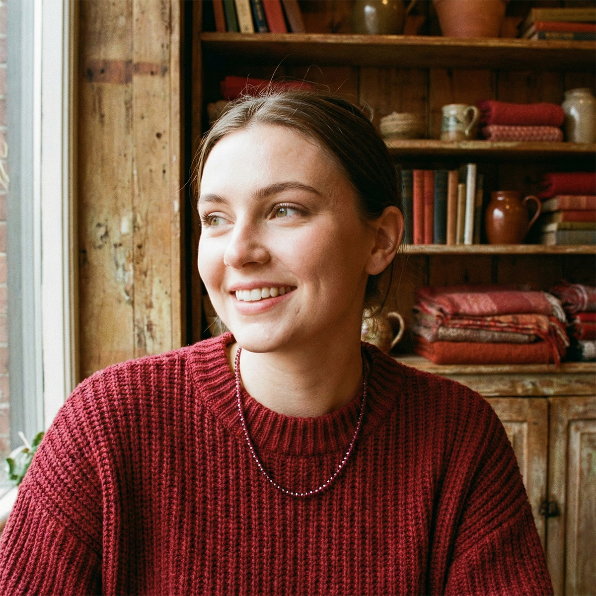Woman wearing a red sweater in a cozy room with wooden shelves and books.