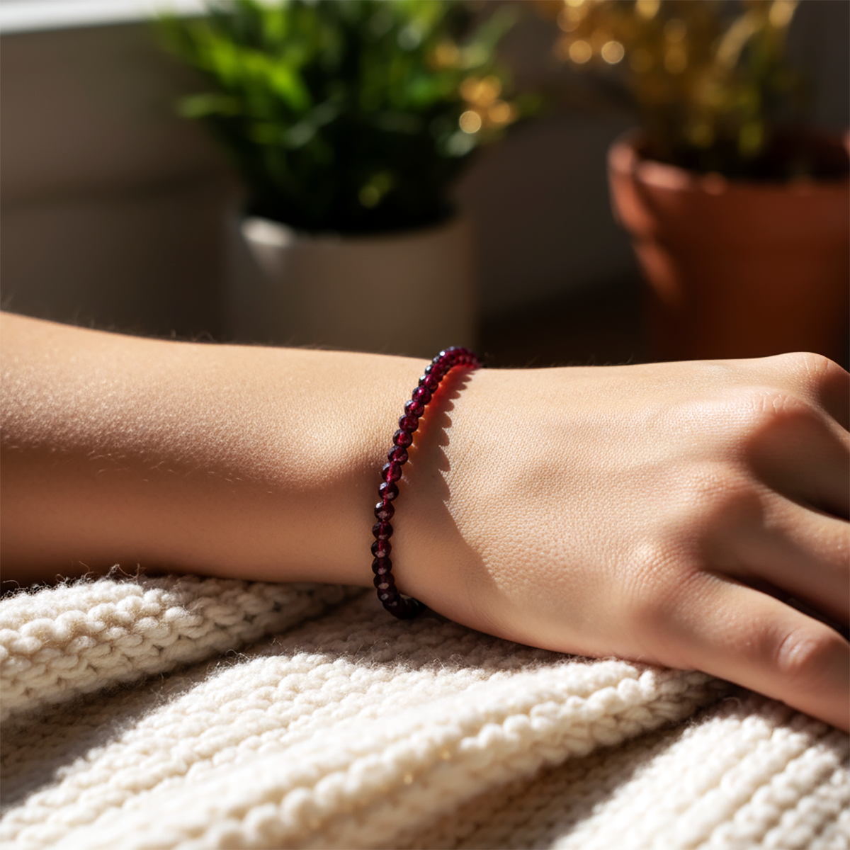 Close-up of a wrist wearing a beaded bracelet on a textured surface with plants in the background
