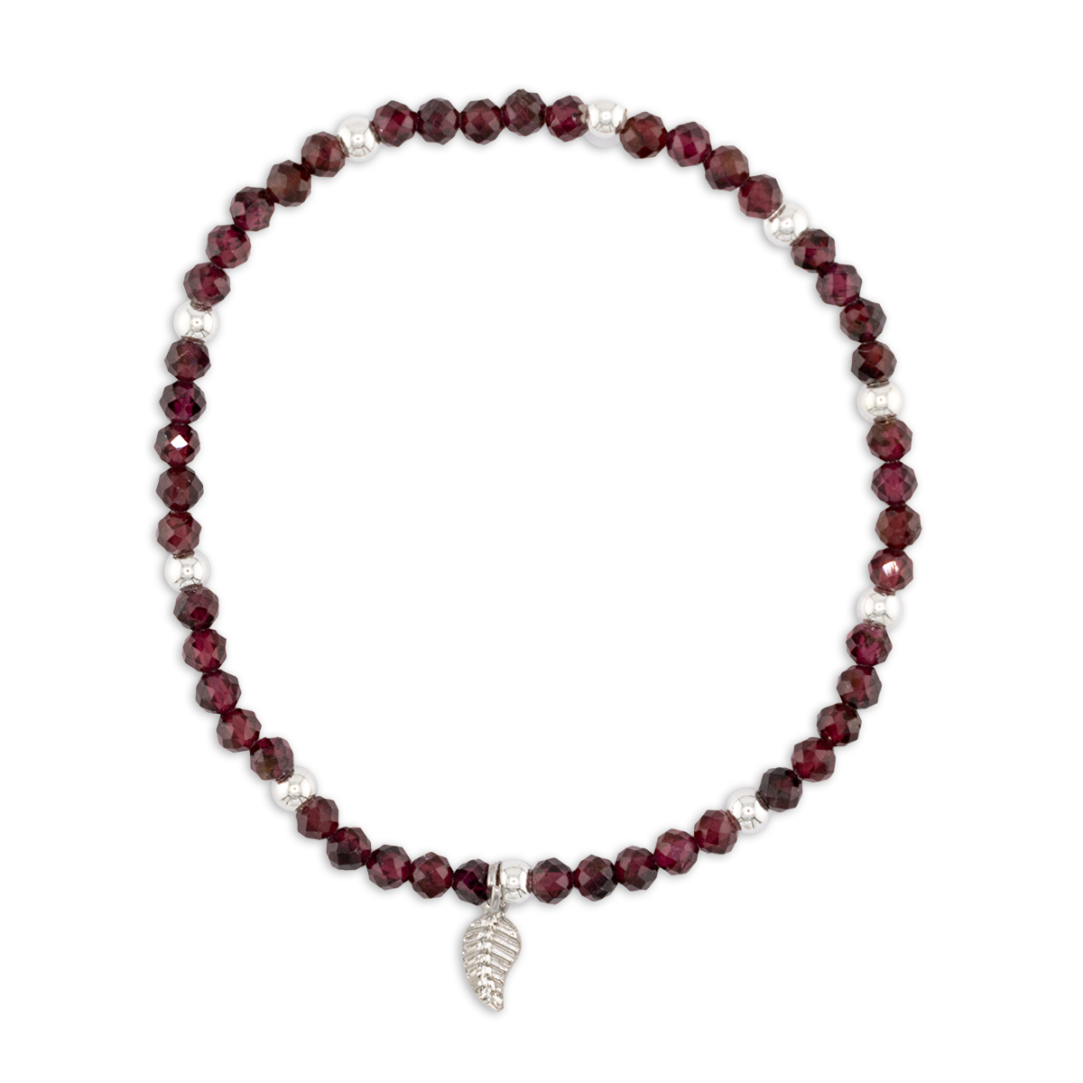 Garnet beaded bracelet with a silver charm on a white background