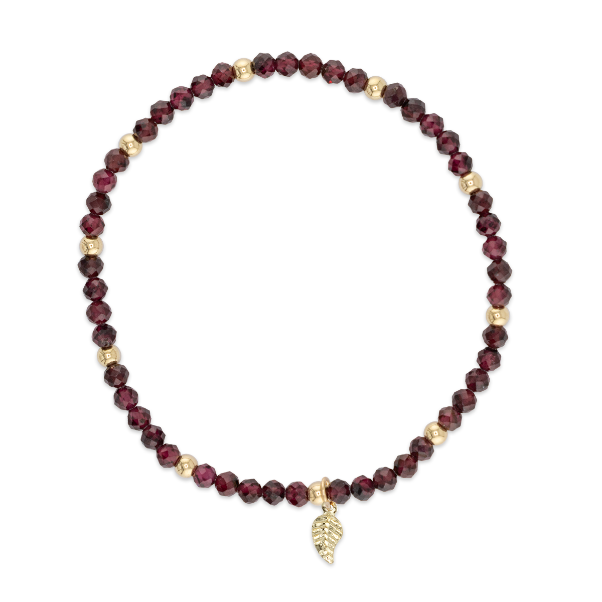 Bracelet with red beads and a gold leaf charm on a white background