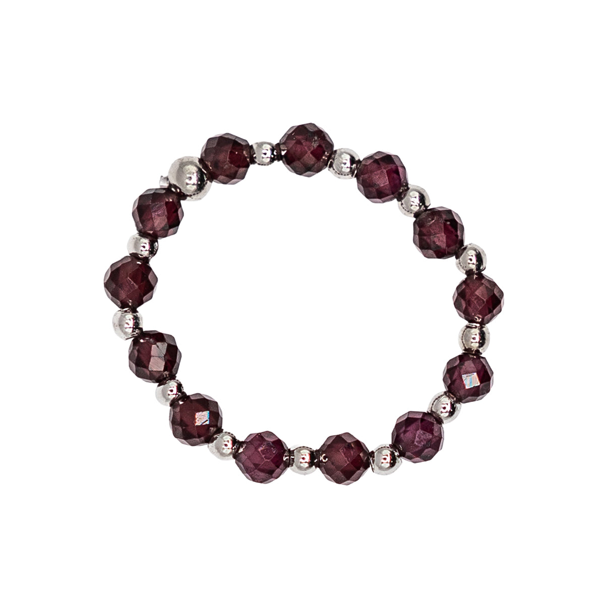 ring with red beads and silver accents on a white background