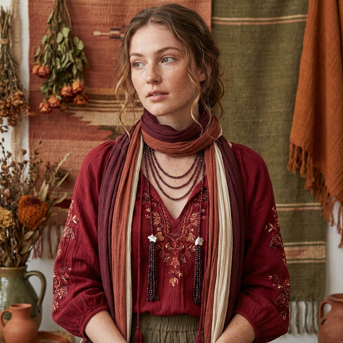 Woman wearing a red outfit with a scarf in a rustic setting