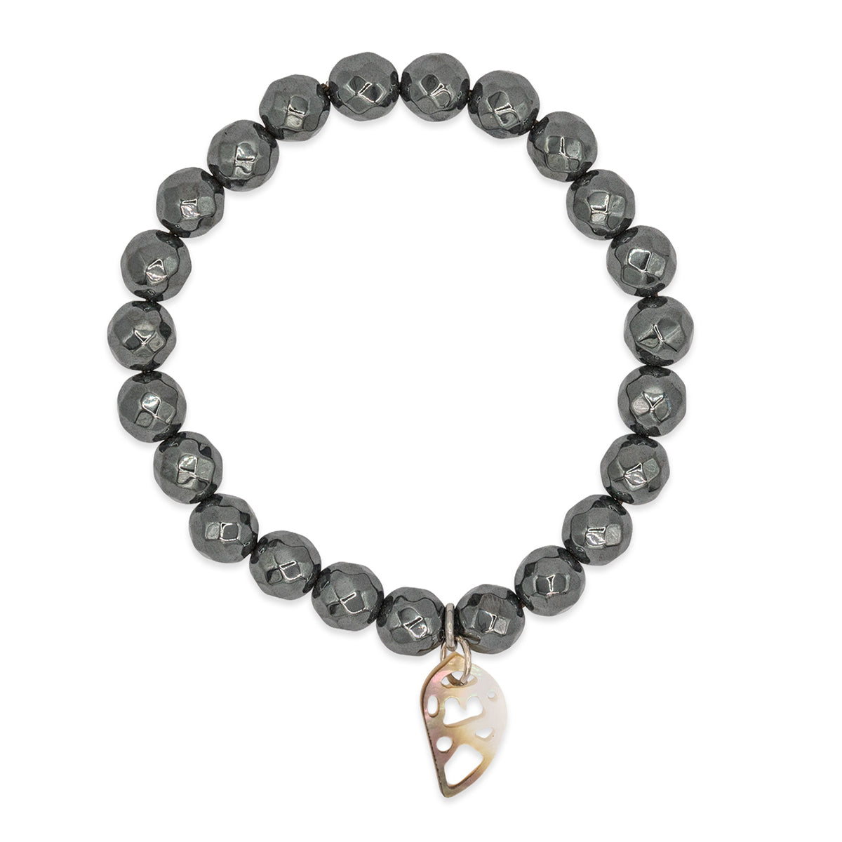 Gray beaded bracelet with a gold and silver charm on a white background