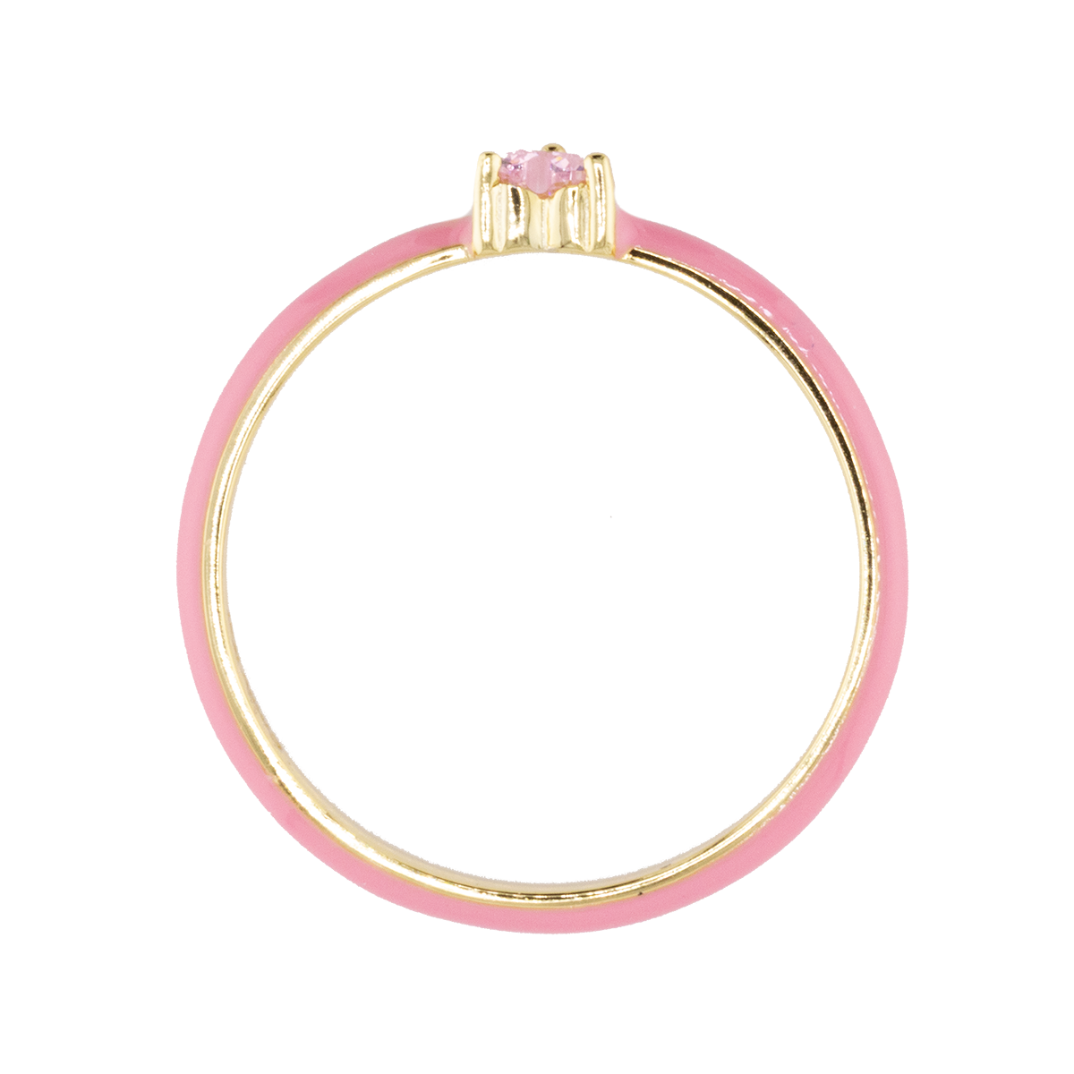 Pink ring with a gold band and pink gemstone on a white background
