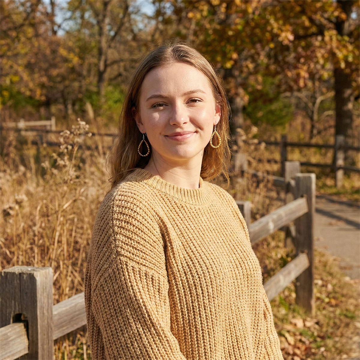 Woman wearing a yellow sweater standing in a park with trees and a wooden fence in the background